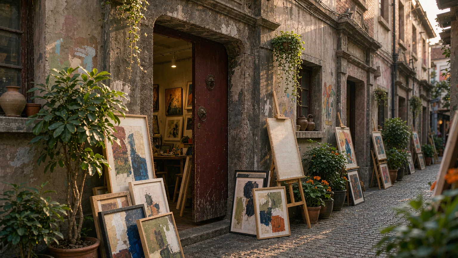 Shikumen house turned art studio with paintings and plants in Tianzifang