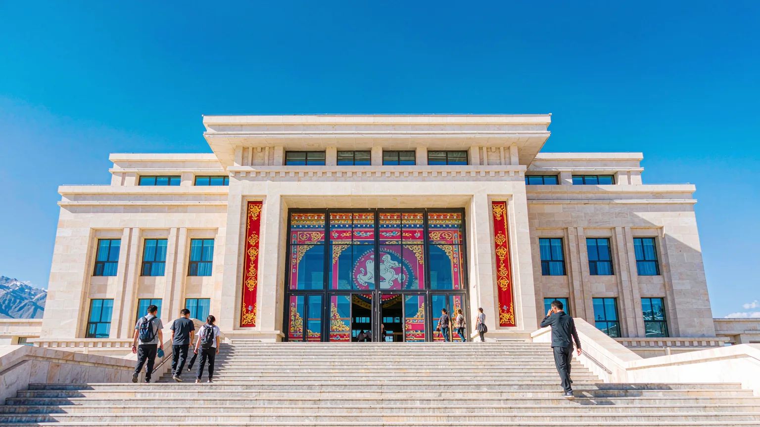 Wide steps and glass entrance of Tibet Museum in Lhasa