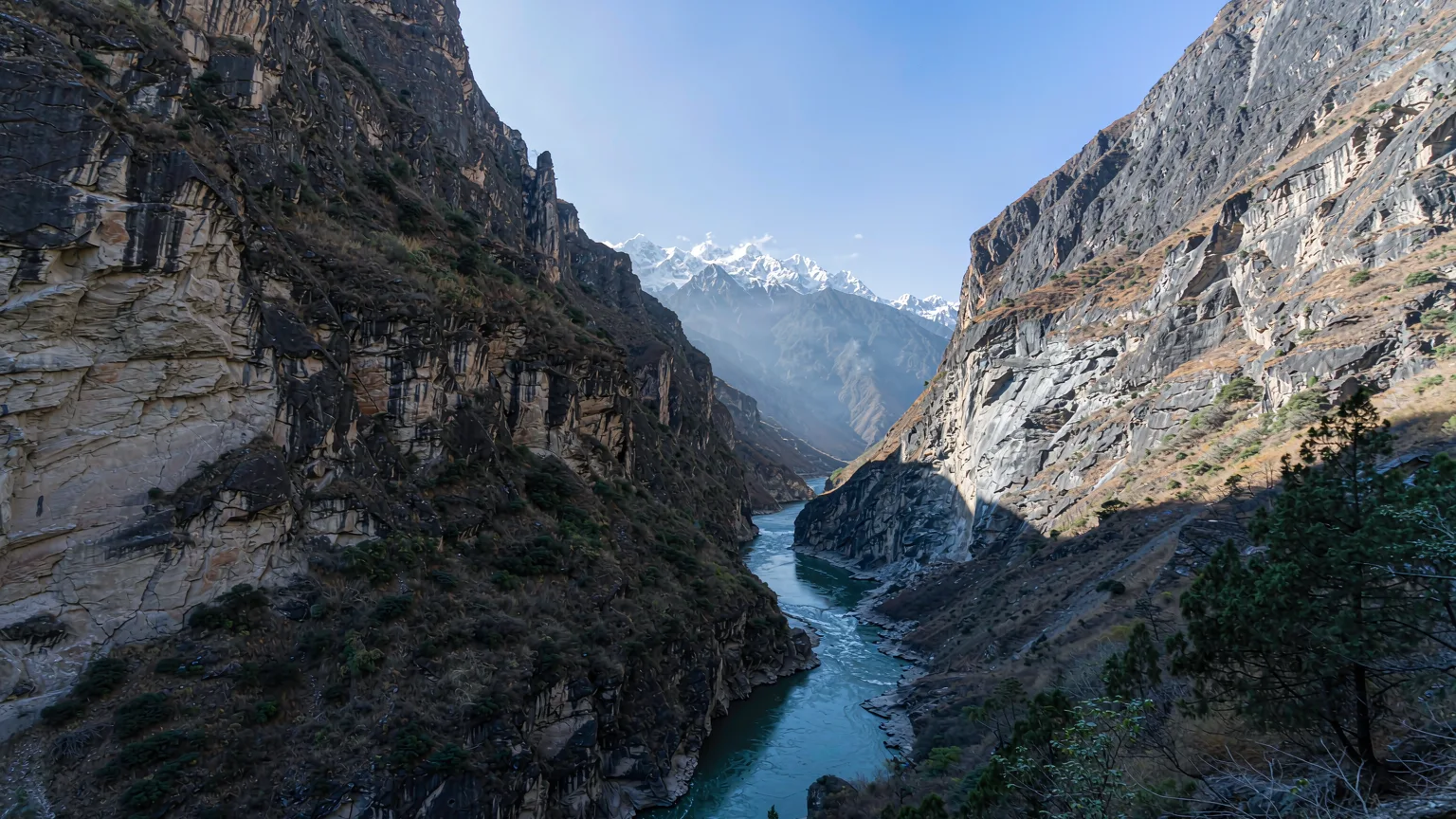 Deep canyon of Tiger Leaping Gorge with river and mountains