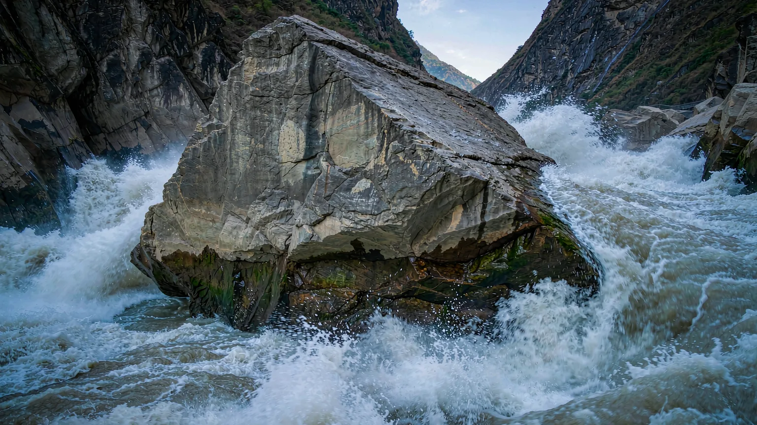 Tiger Leaping Stone in the rushing river at the gorge's narrowest point
