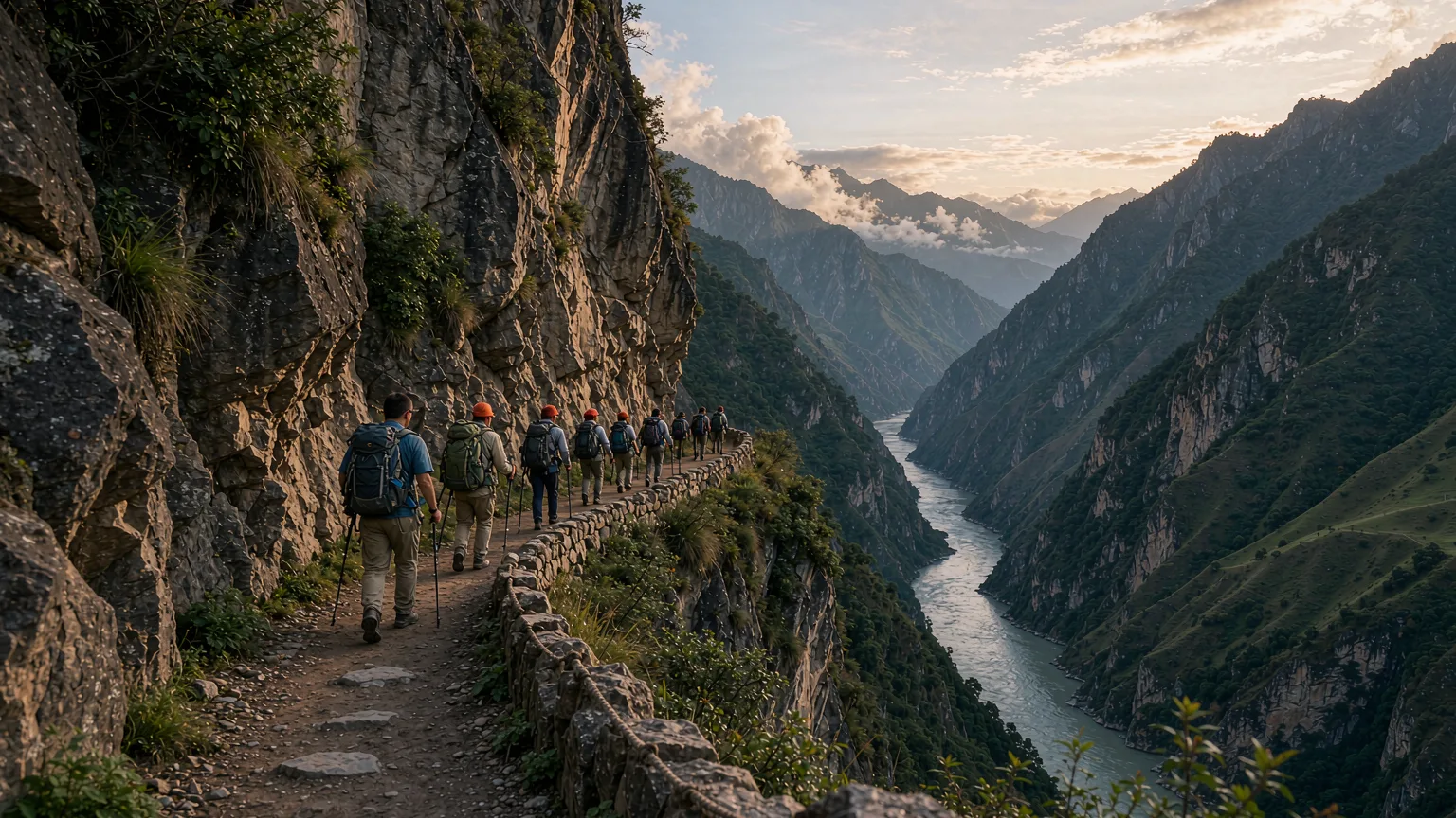 Hikers on the High Trail overlooking Tiger Leaping Gorge