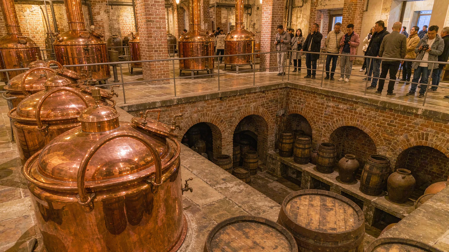 Vintage copper brewing kettles and cellars inside Tsingtao Beer Museum