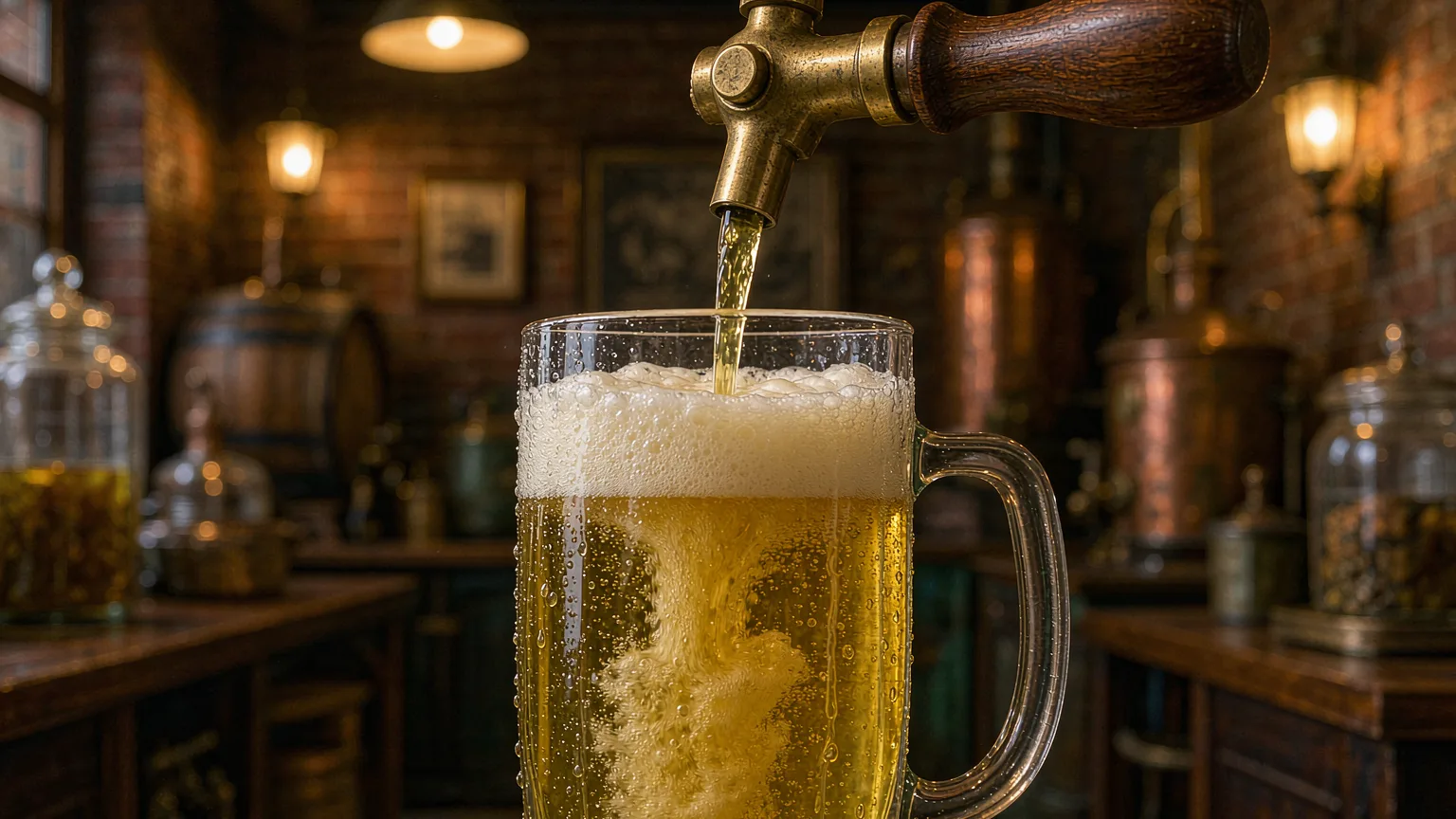 Close-up of fresh Tsingtao unfiltered beer poured from barrel tap