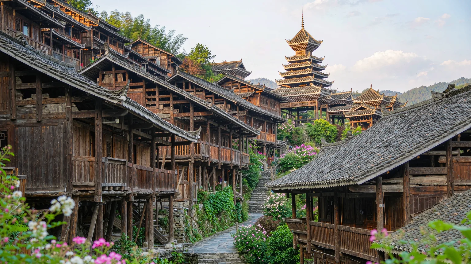 Traditional Tujia stilted wooden houses with drum tower on hillside