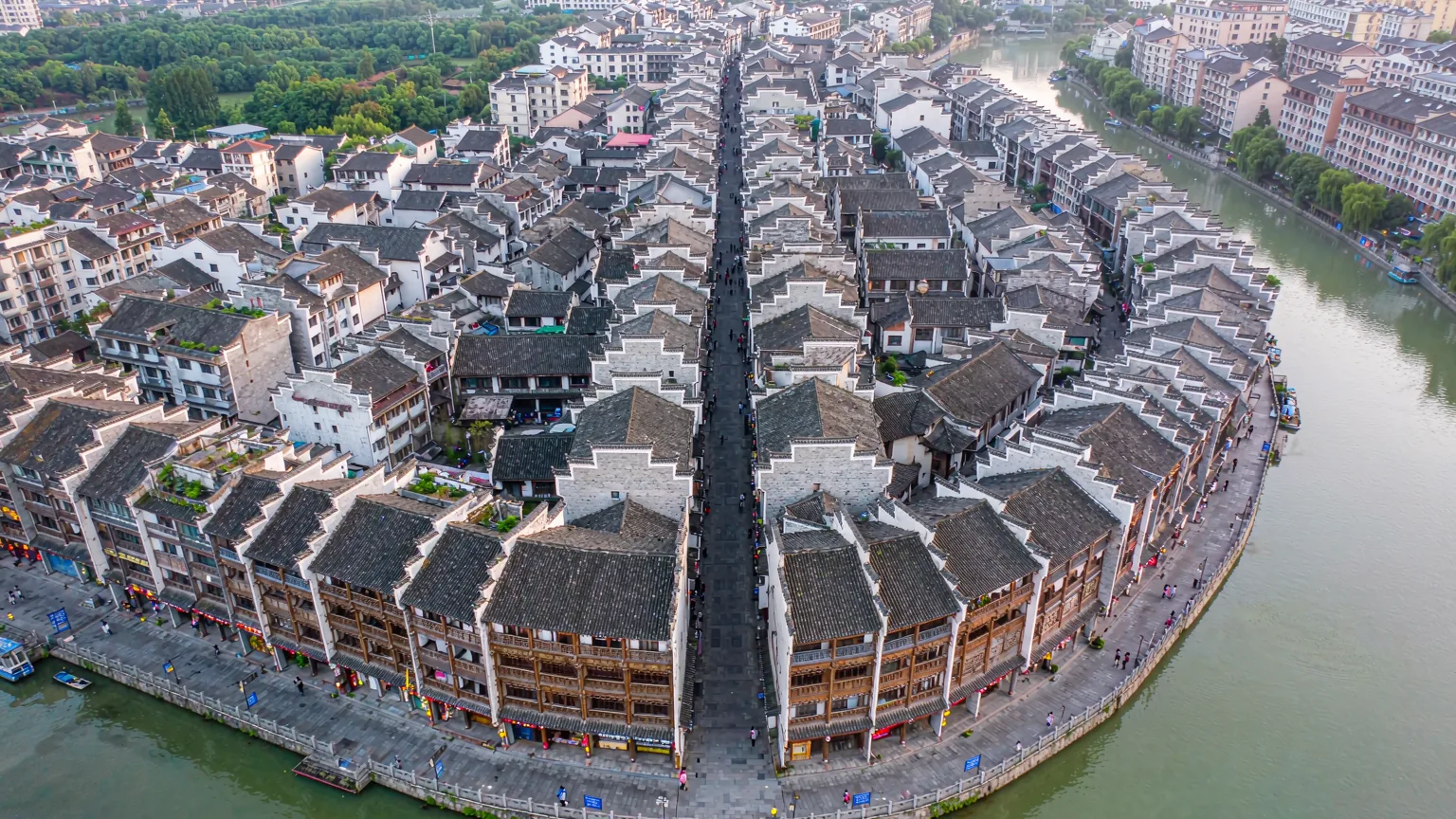 Aerial view of Tunxi Old Street and Hui-style architecture by the river