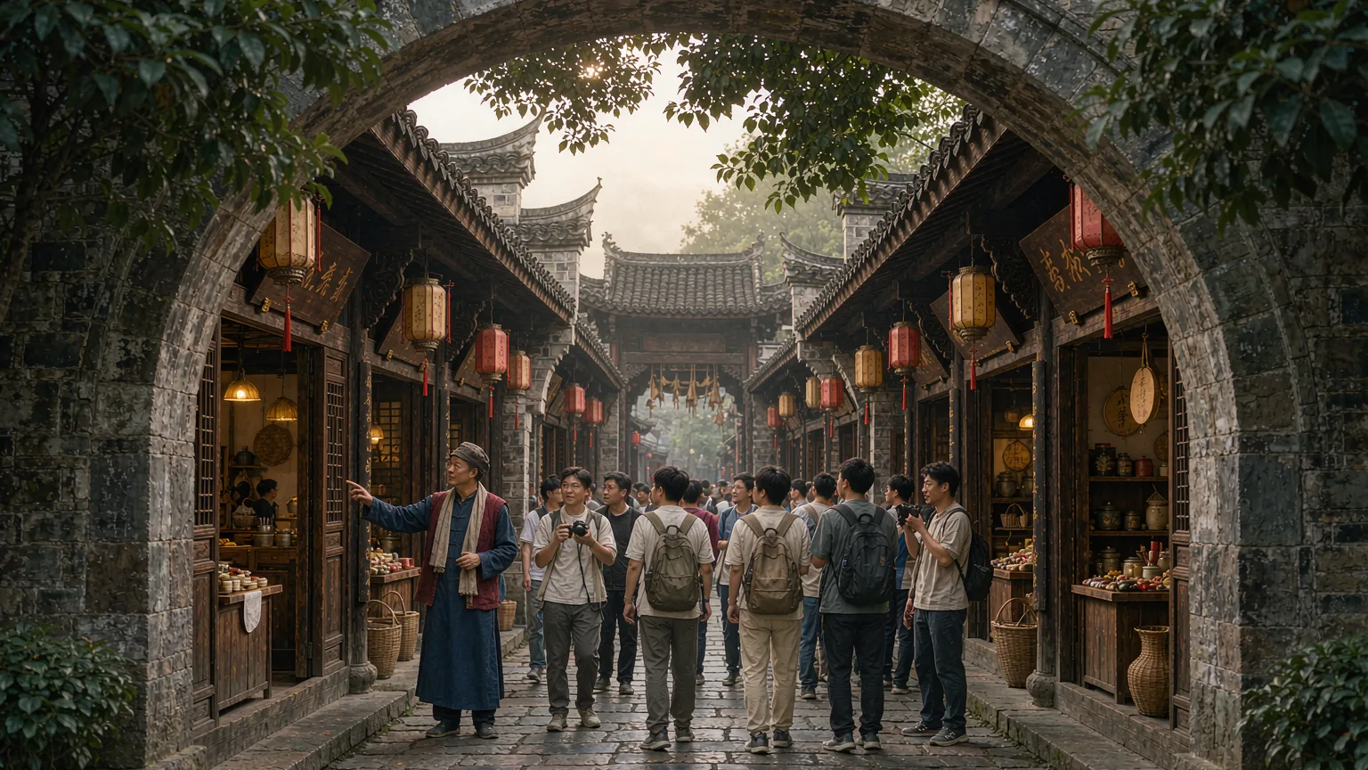 Tourists entering Tunxi Old Street through a stone archway