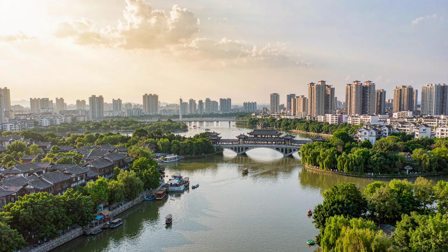 Aerial view of Guilin's interconnected lakes and rivers with bridges and cityscape
