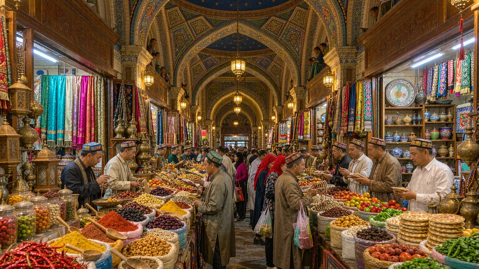 Inside Urumqi Grand Bazaar with stalls of spices and silk, merchants and shoppers
