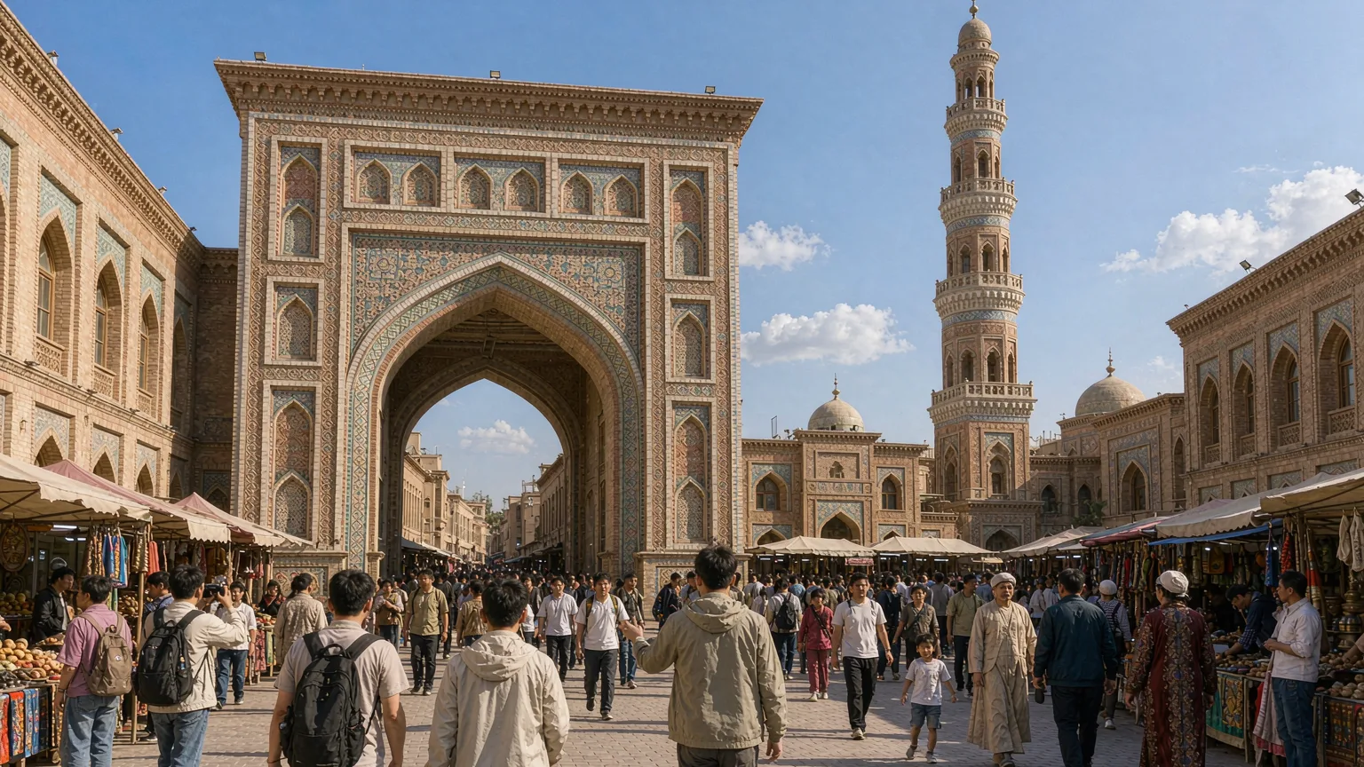 Traveler entering Urumqi Grand Bazaar through grand archway with guide
