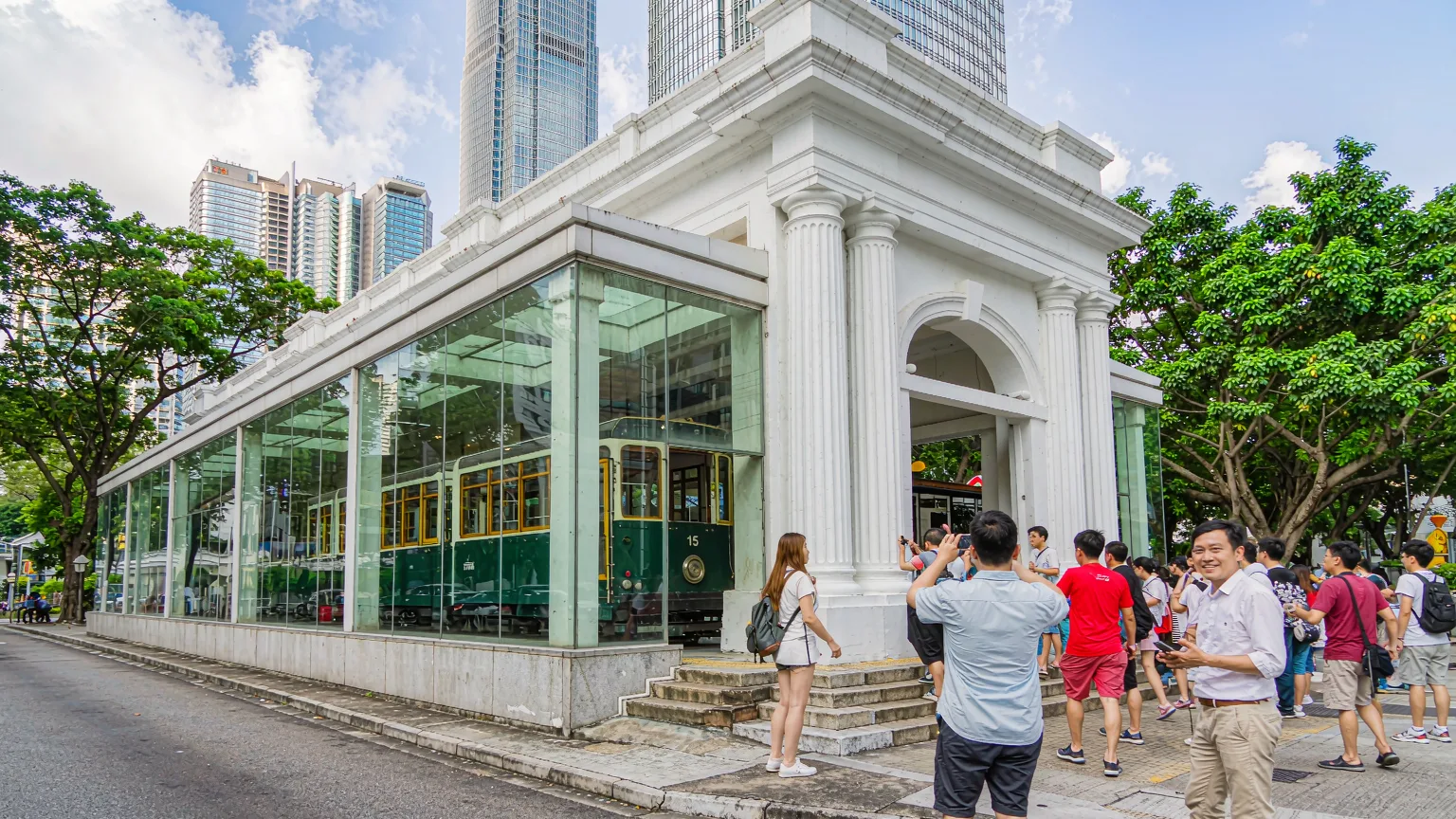 Tourists queuing at Peak Tram terminus in Central Hong Kong