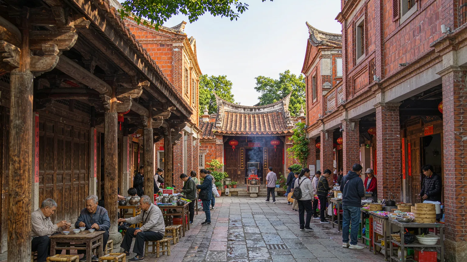 Red-brick shophouses and tea drinkers along Quanzhou's historic West Street