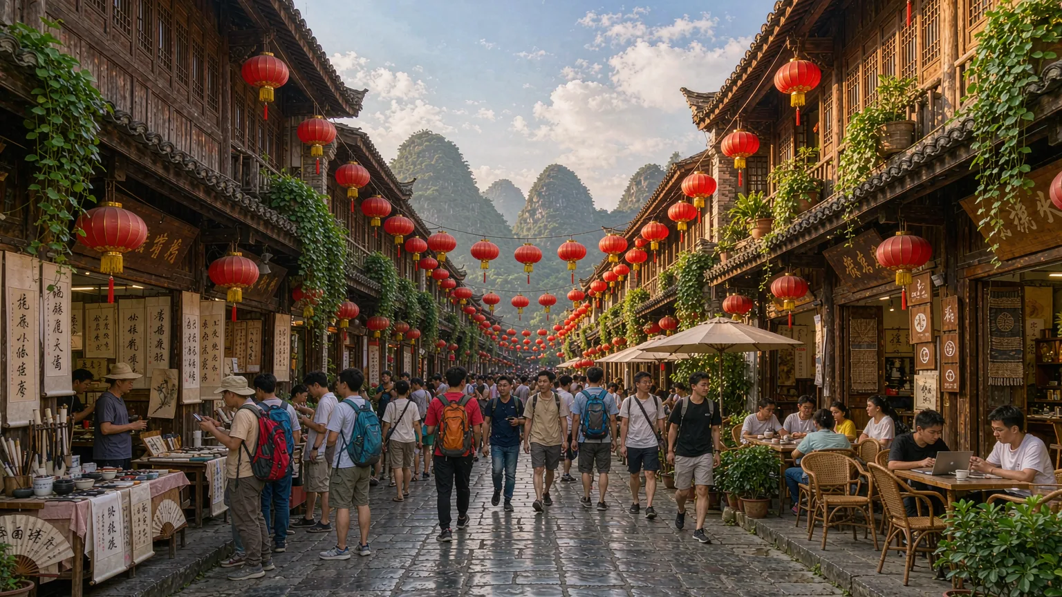 Lively West Street Yangshuo with shops, cafés, and karst backdrop