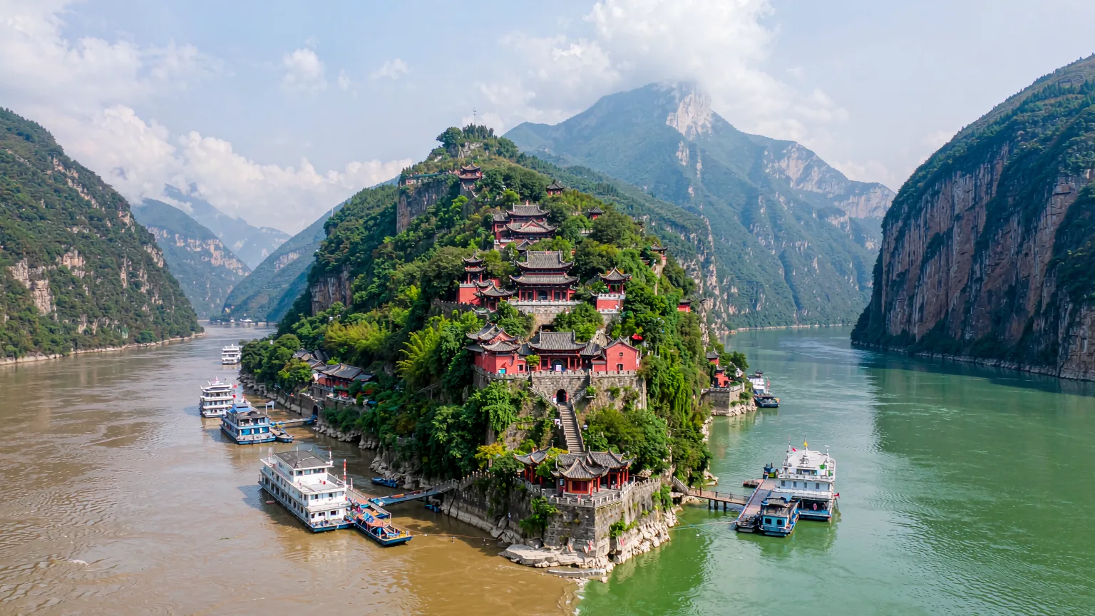 White Emperor City temple complex at river confluence with Qutang Gorge