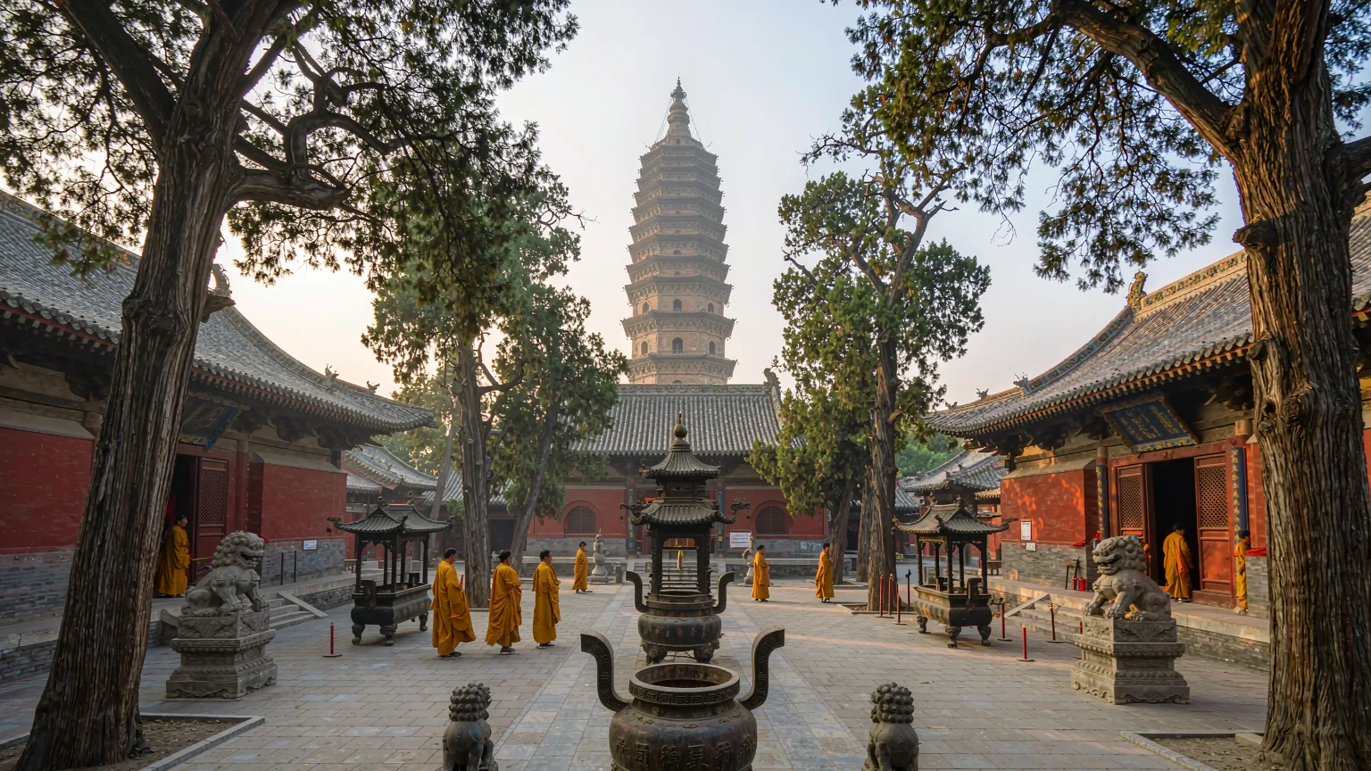 Main courtyard of White Horse Temple with Qiyun Pagoda and monks