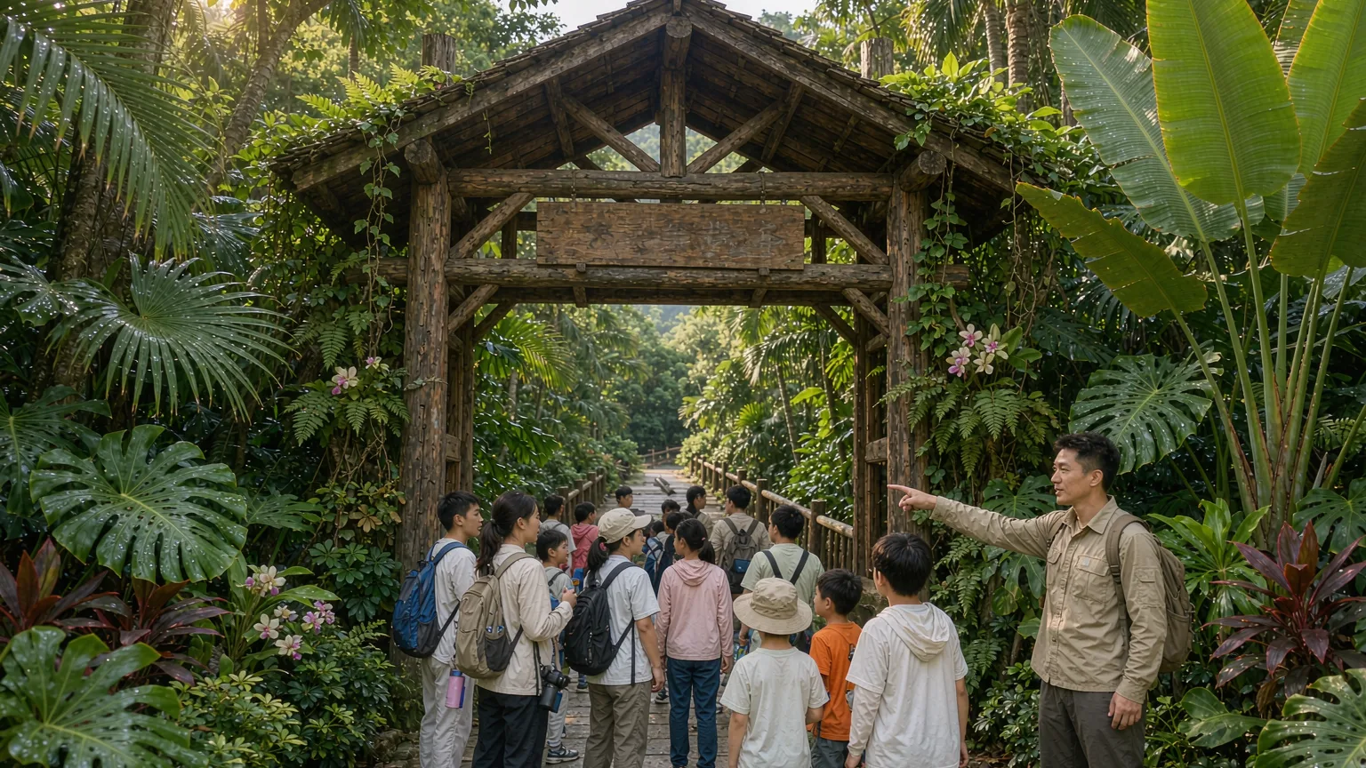 Tourists at entrance gate of Wild Elephant Valley nature reserve