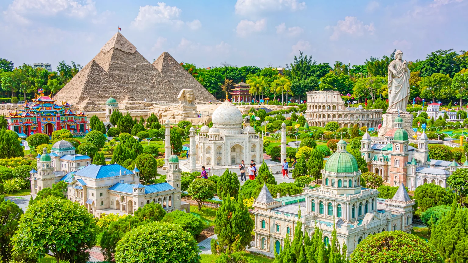 Panoramic view of miniature global landmarks at Window of the World, Shenzhen