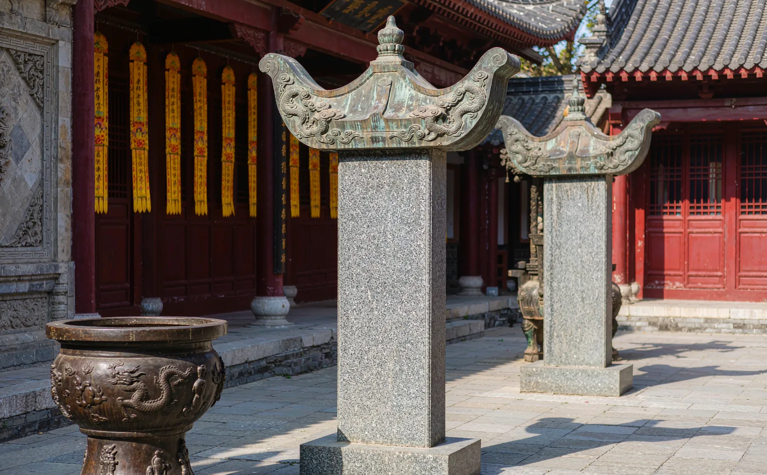 Ancient stele tablets and bronze incense burner at Wuhou Shrine