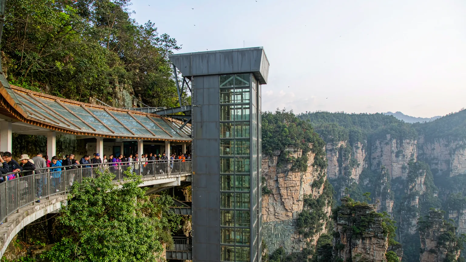 Bailong Elevator entrance at Wulingyuan Scenic Area with tourists