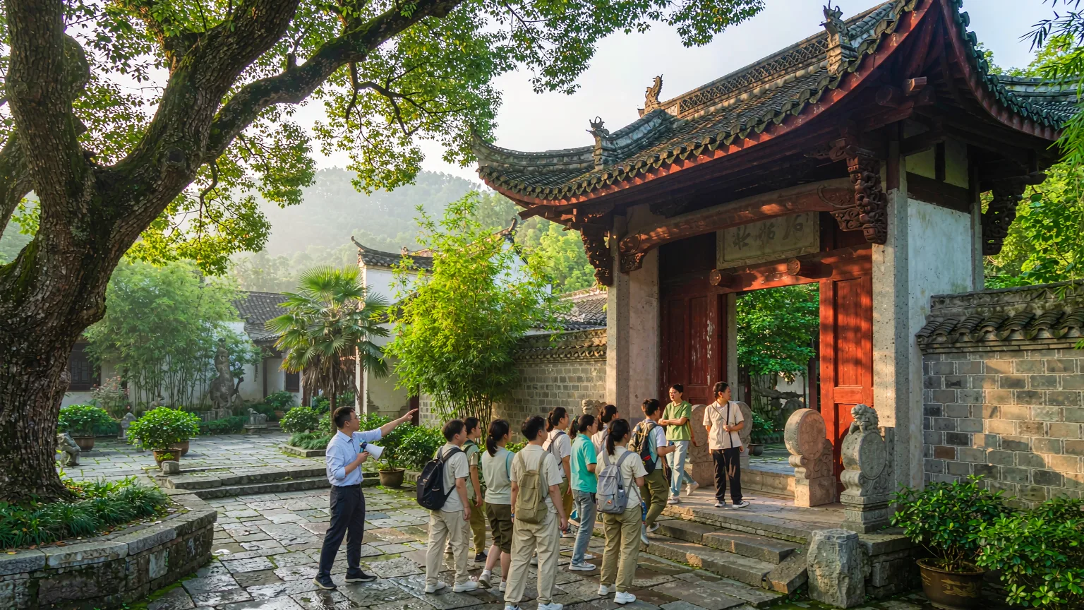 Tour group entering Wuyi Palace courtyard with guide among camphor trees