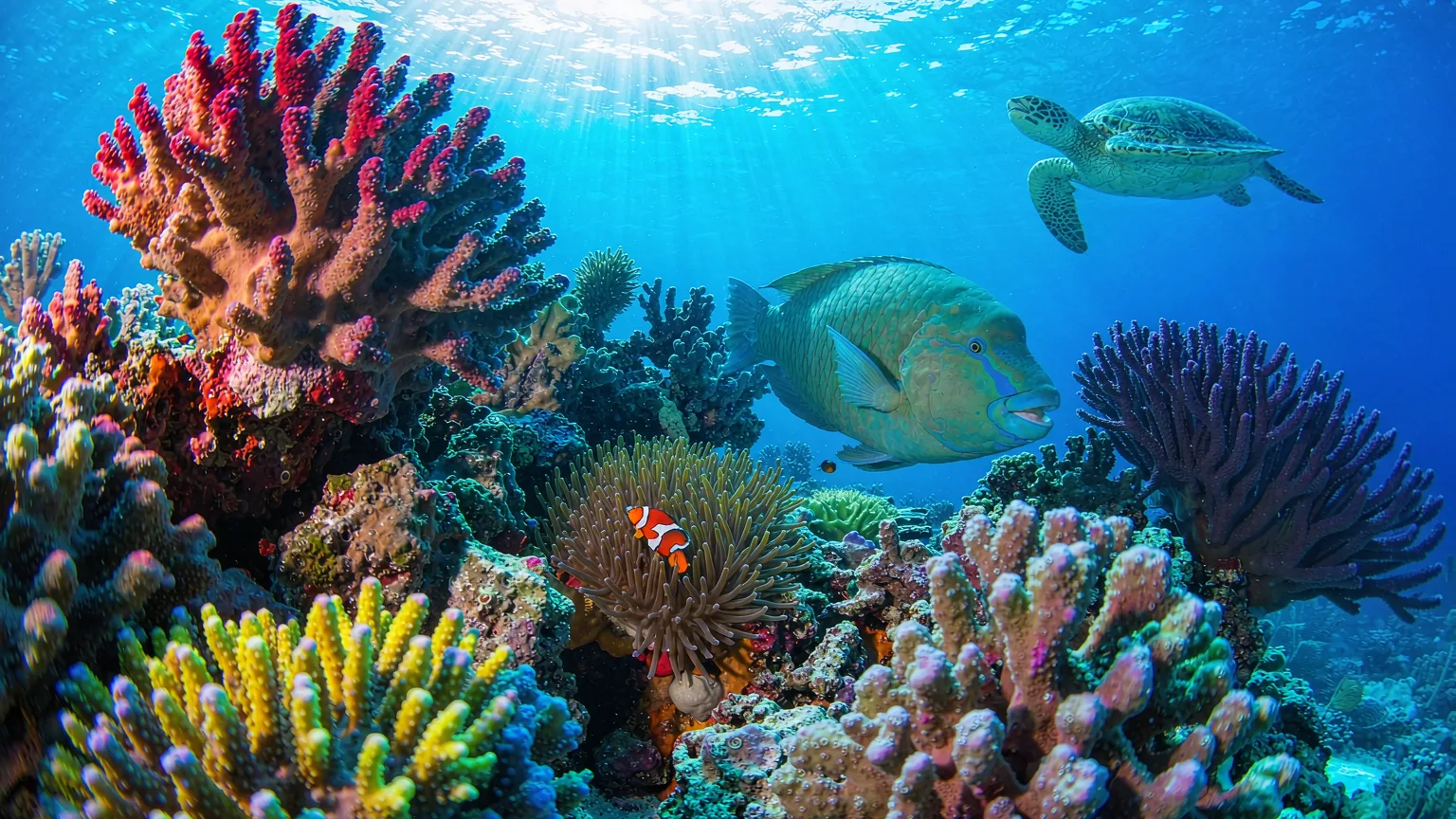 Vibrant coral reef with clownfish, parrotfish, and a sea turtle underwater at Wuzhizhou Island