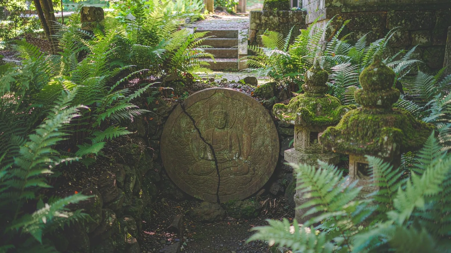 Ancient temple carvings and stone lanterns among ferns in Xiamen Botanical Garden