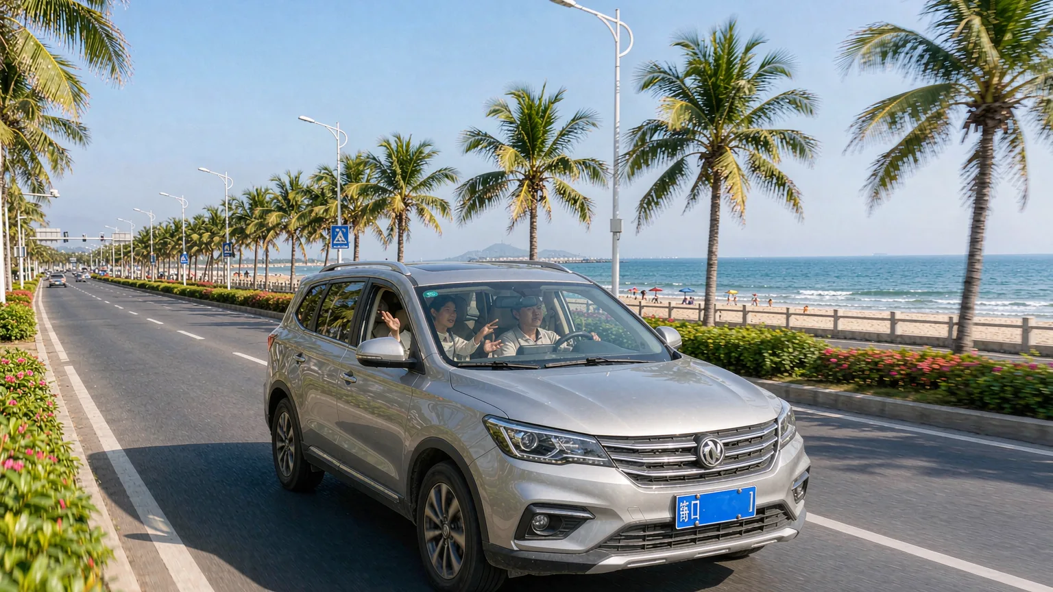 Private car driving on Xiamen Island Ring Road with ocean view