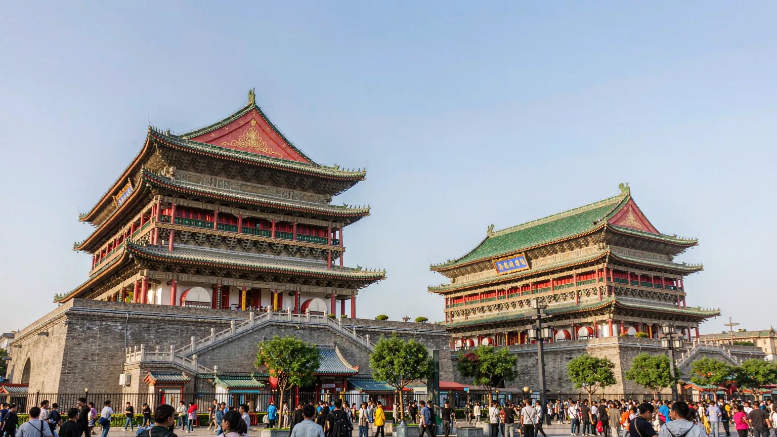 Xi'an Bell and Drum Towers with traditional Ming architecture under blue sky