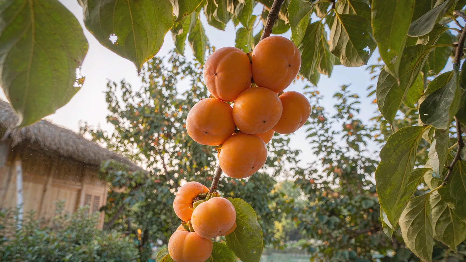 Ripe persimmons on a branch with a blurred waterway and hut in Xixi Wetland