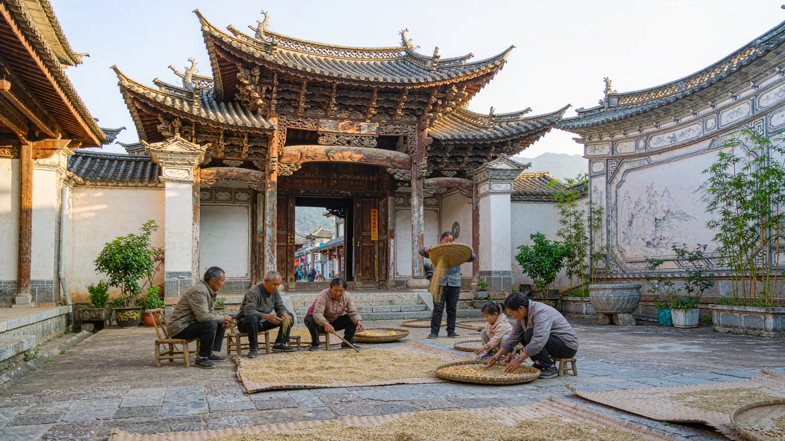 Bai courtyard house with carved gate and family threshing grain