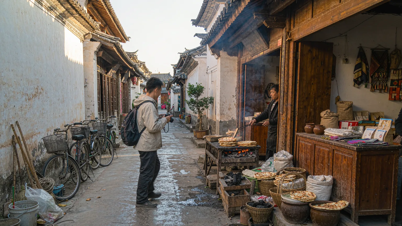 Traveler exploring market lane with local food vendor in Xizhou