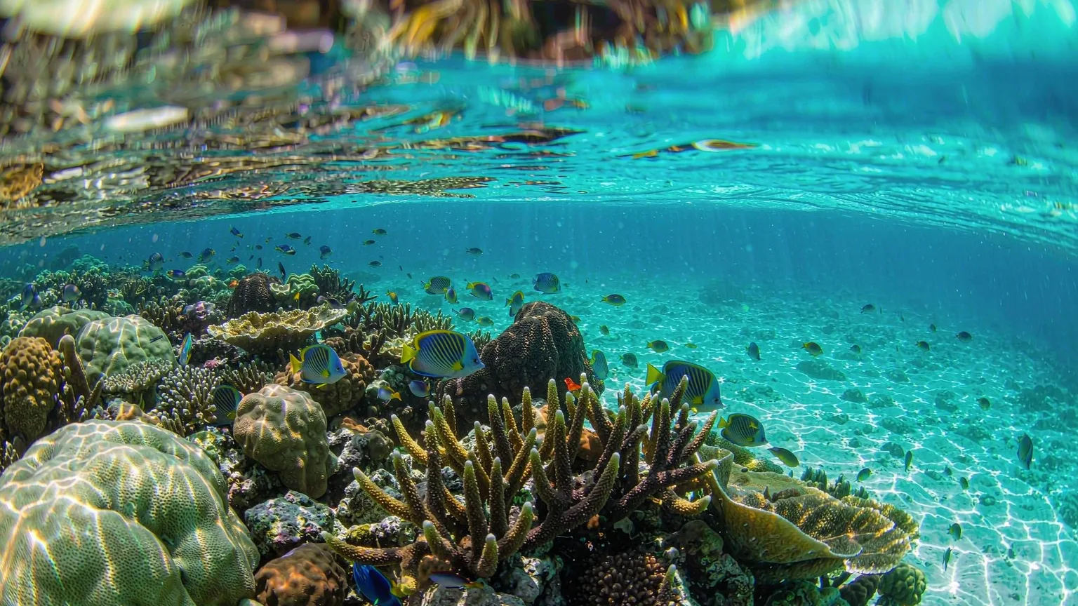 Underwater close-up of coral and tropical fish in Yalong Bay