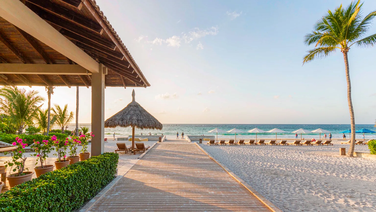 Palm-lined boardwalk entrance to Yalong Bay beach with sun loungers