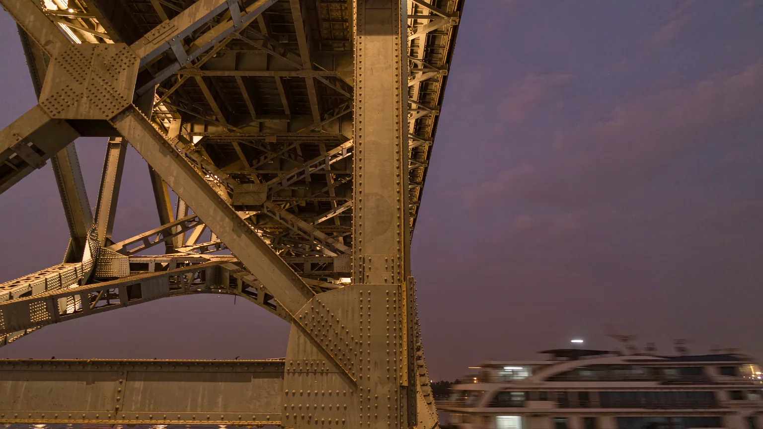 Detailed view of Wuhan Yangtze River Bridge steel structure at night