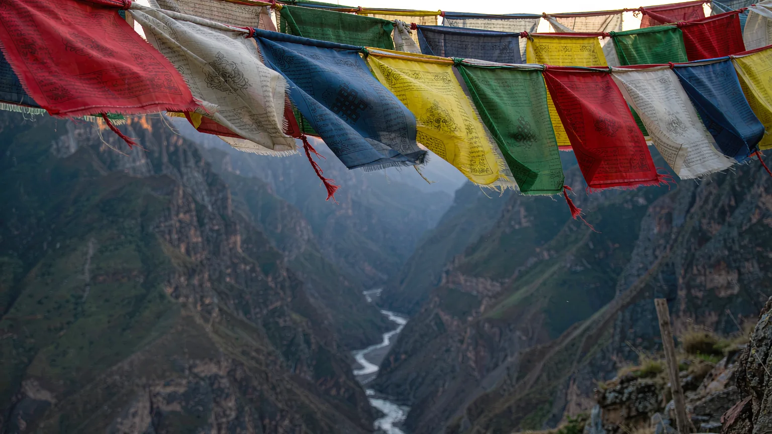 Tibetan prayer flags at the rim of Yarlung Tsangpo Grand Canyon