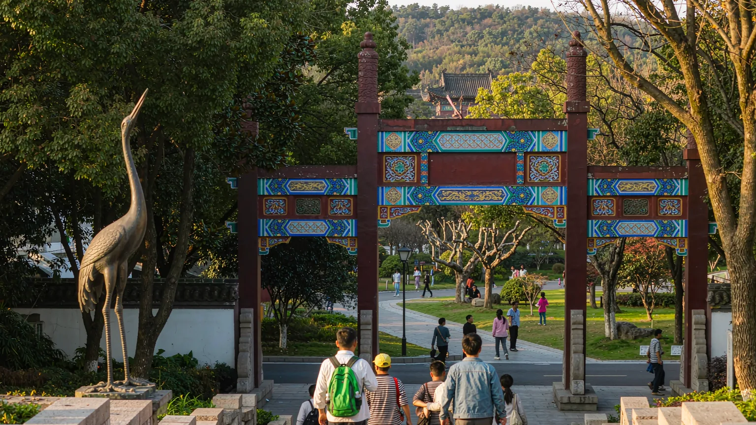 Travelers climbing stone steps to Yellow Crane Tower park entrance in morning light