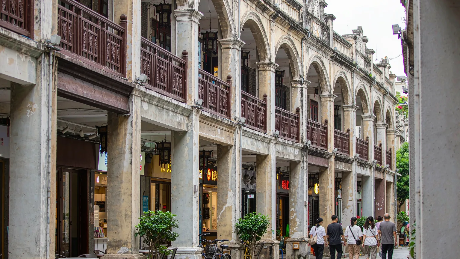 Qilou shophouses and modern shops in Yongqingfang alley, Guangzhou
