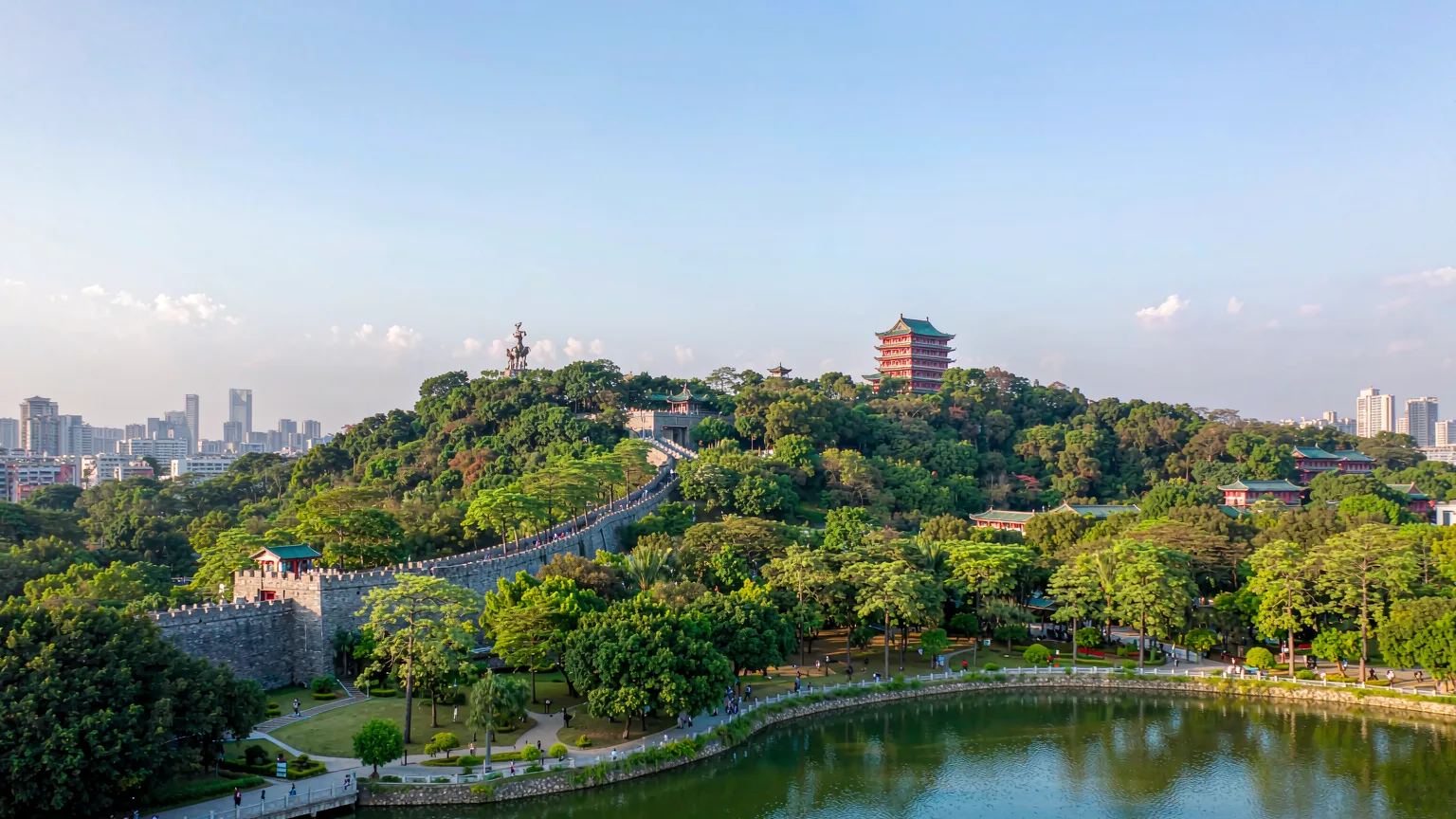 Panoramic view of Yuexiu Park with lakes, hills, and Ming city wall