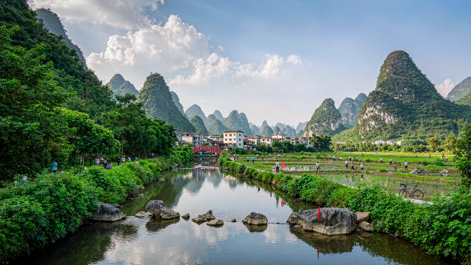 Yulong River winding through karst landscape and rural villages