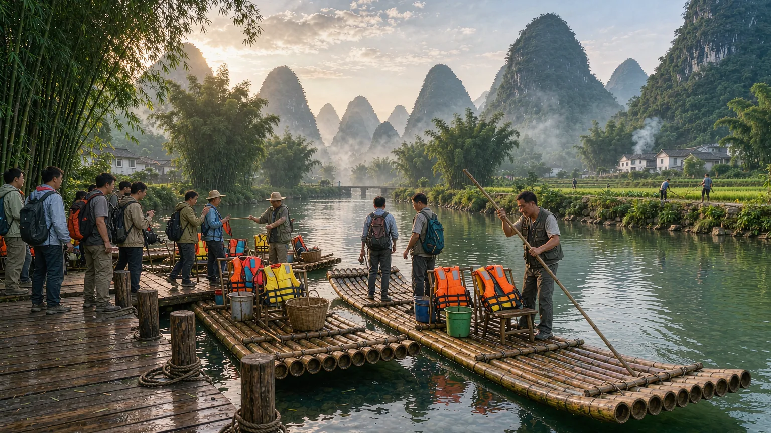 Wooden pier on Yulong River with bamboo rafts and rafter