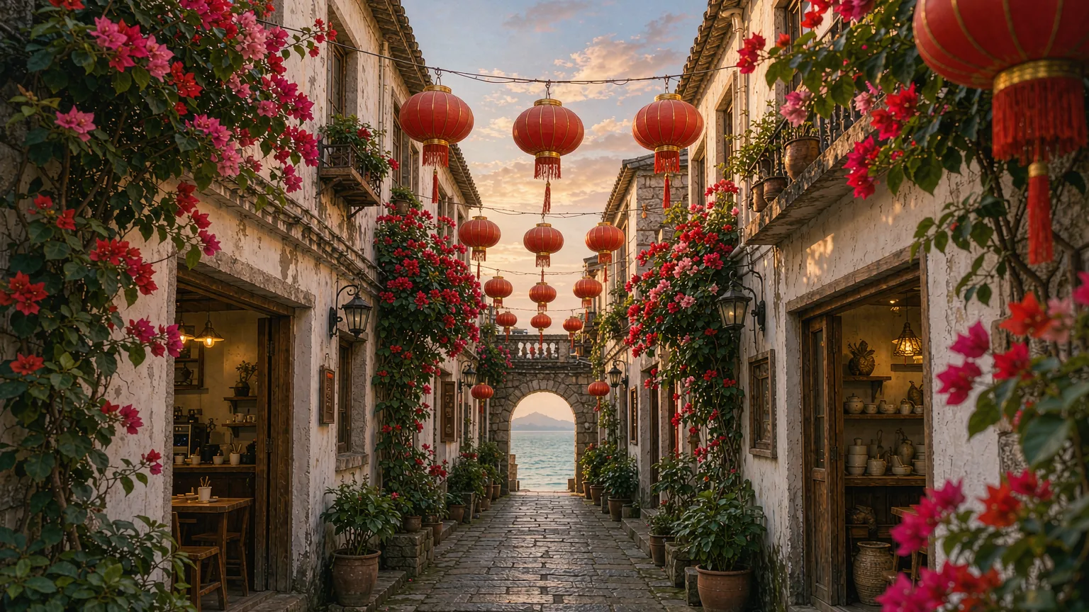 Whitewashed Zengcuoan alley with cafes, lanterns and bougainvillea in Xiamen