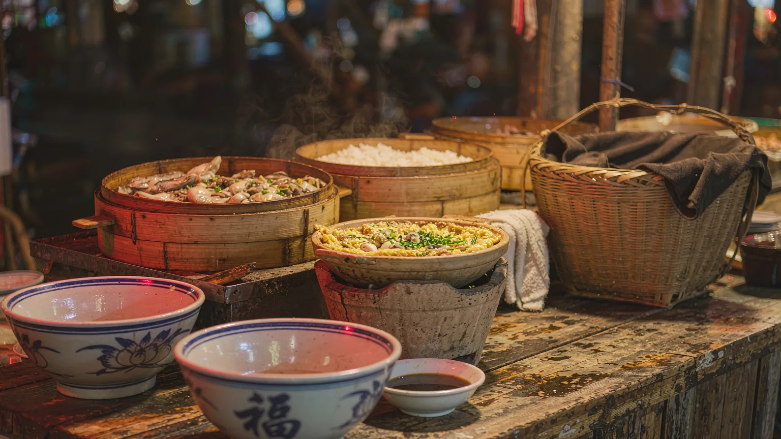 Close-up of Fujian street-food bowls and lantern light in Zengcuoan