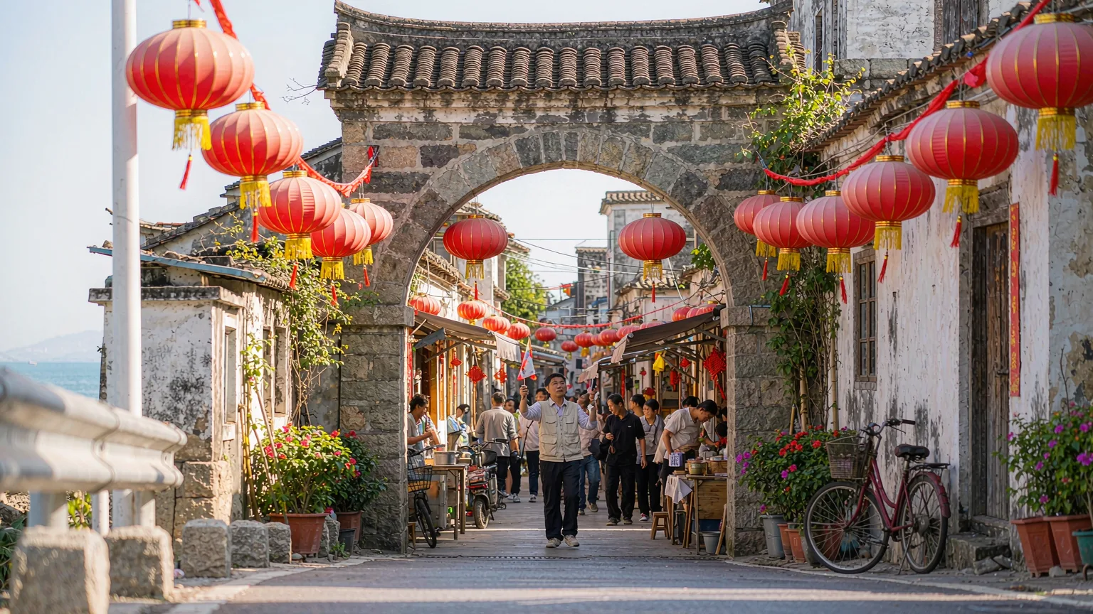 Visitor entering Zengcuoan village gateway past street-food stalls in Xiamen