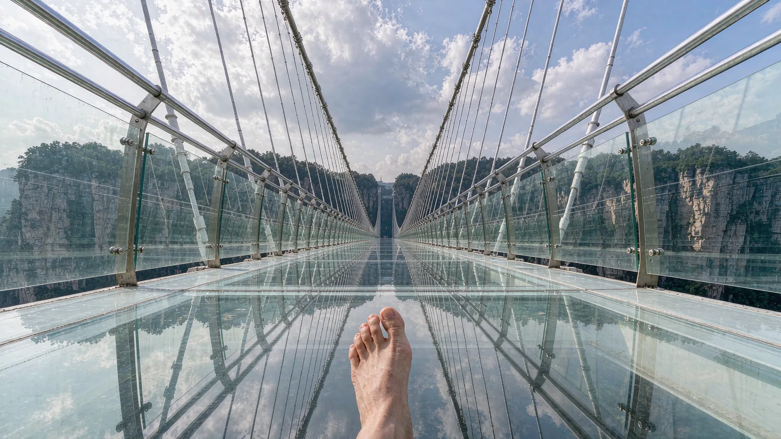Close-up of glass panels and steel cables on Zhangjiajie Glass Bridge with feet standing