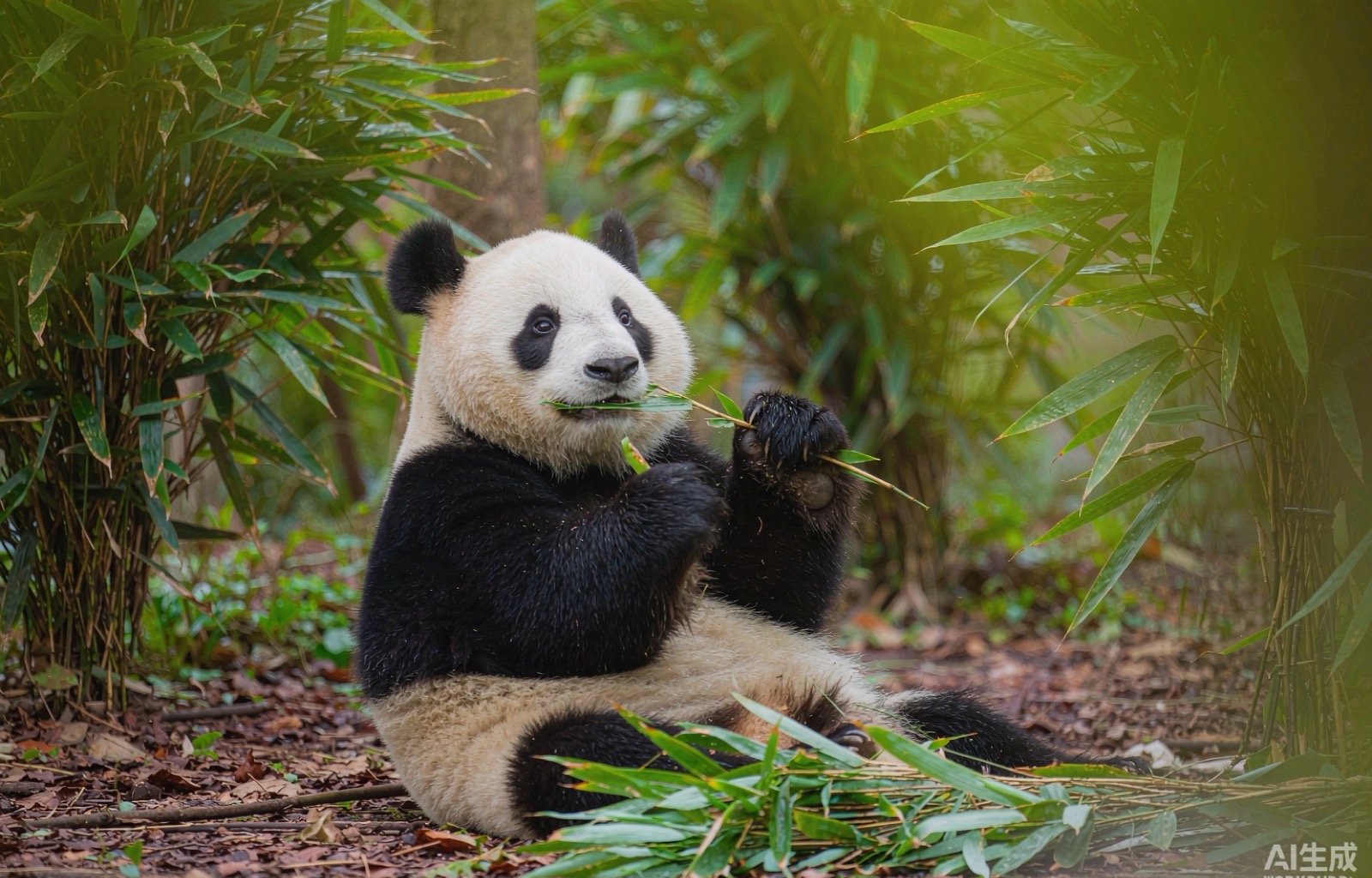 Giant panda eating bamboo at Chengdu panda base