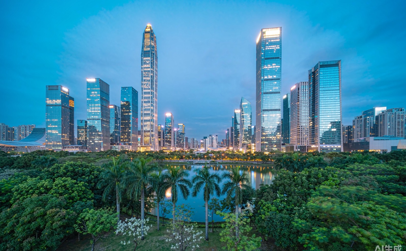 Shenzhen modern skyline at blue hour from a green park