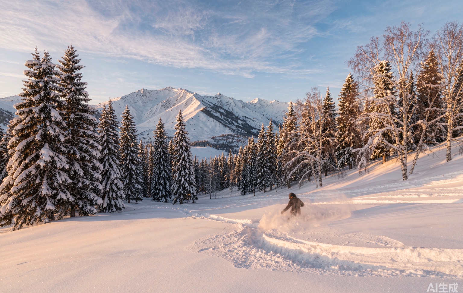 Powder skiing in Altay, Xinjiang — birch forest and snow-capped Altai mountains